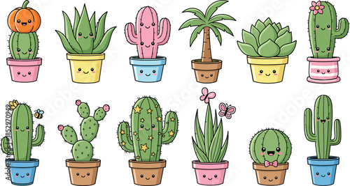 Cute cactus and succulent plants vector set with smiling pots kawaii cartoon houseplant illustrations