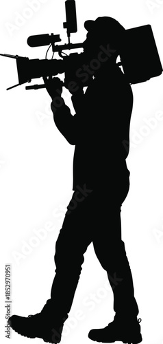 Professional cameraman silhouette filming with broadcast video camera black vector illustration isolated on white background media production concept journalism filmmaking