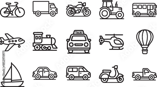 Collection of various transport modes as illustration style. Designed for communication or to represent travel or transit. Each mode is a vector in simple line form with black tone.