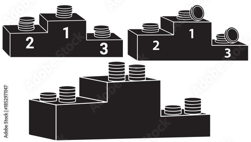 Three Step Podium with Coins for Financial Rankings Top Returns and Prize Money Visualization