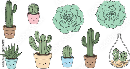 Cute cactus and succulent plants vector set with smiling pots terrarium and hand drawn botanical illustrations