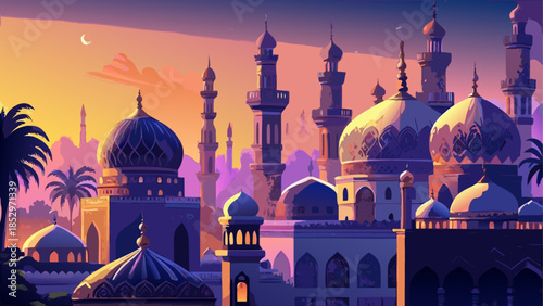 Beautiful mosque architecture with domes and minarets at sunset