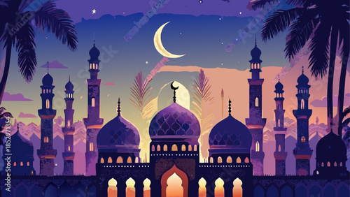 Beautiful mosque with crescent moon and palm trees at night