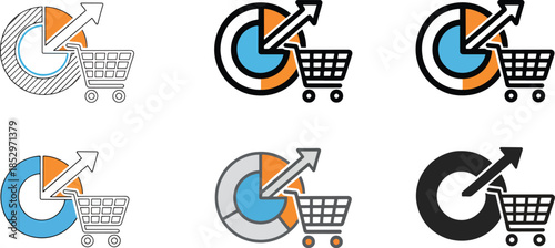 Ecommerce sales analytics icons with shopping cart and pie chart growth arrow for business data visualization and marketing performance reports.