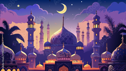 Beautiful mosque with dome and minarets under night sky