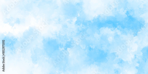 Abstract background with panorama of blue sky and white cloud nature design. horizon spring morning sky with clouds background. hand painted watercolor shades sky clouds.