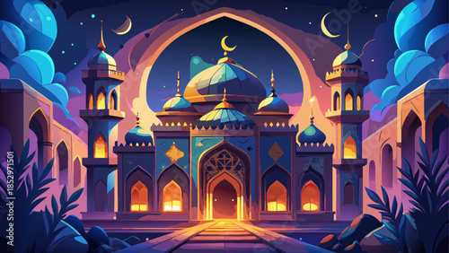 Beautiful mosque at night with crescent moon