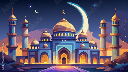 Serene mosque under crescent moon night sky