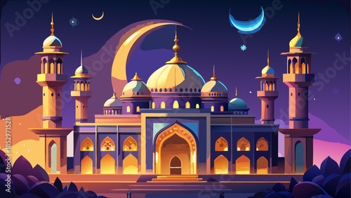 Beautiful mosque with crescent moon in the night sky