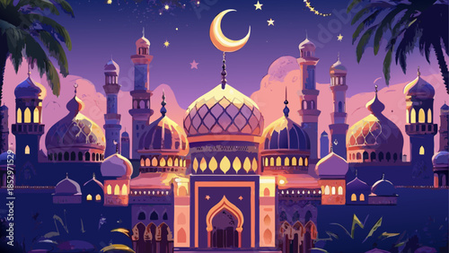 Beautiful mosque with crescent moon and stars at night