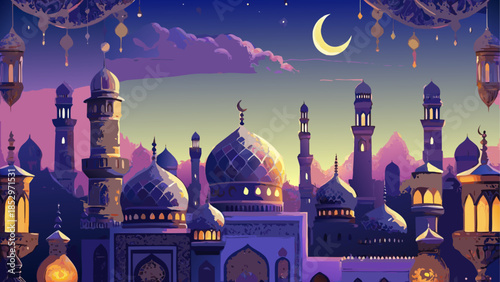 Beautiful mosque with crescent moon and lanterns at night