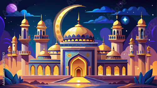 Beautiful mosque with crescent moon under night sky