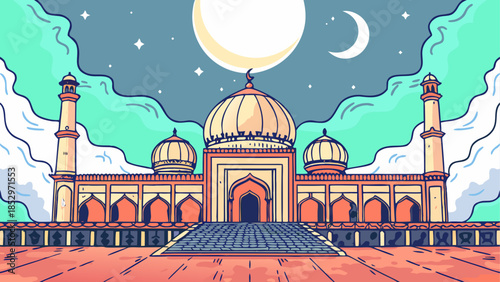 Beautiful mosque under night sky with moon and stars