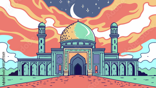 Beautiful mosque under night sky with crescent moon