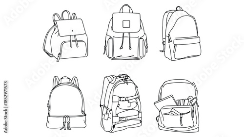 Six different styles of backpacks are shown in a line drawing.
