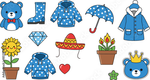 Cute cartoon icons vector set with teddy bear clothing umbrella flower crown heart and decorative objects
