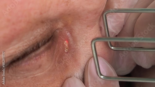 Dermatologist doctor removes Xanthelasma on Female Patient face with modern technology CO2 laser equipment. 4k close-up shot.