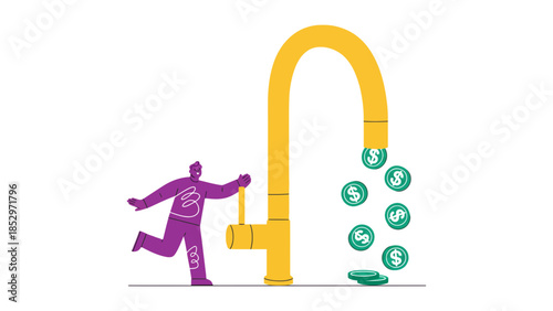 A person turns on a faucet that dispenses dollar coins.