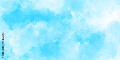 Abstract background with panorama of blue sky and white cloud nature design. horizon spring morning sky with clouds background. hand painted watercolor shades sky clouds.