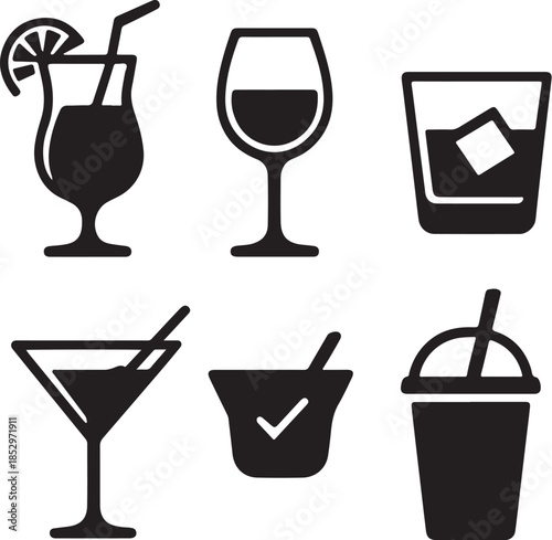 PrintDrink icons set, silhouette of cocktail wine and beverage glasses vector illustration on dark background