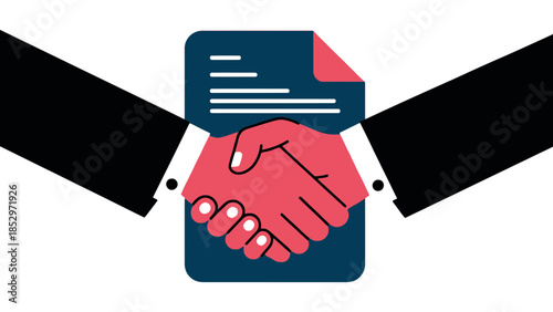 Two hands shake over a contract document, symbolizing agreement.