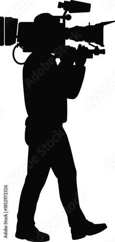 Professional cameraman silhouette filming with shoulder mounted broadcast video camera isolated black vector illustration for television media production concept
