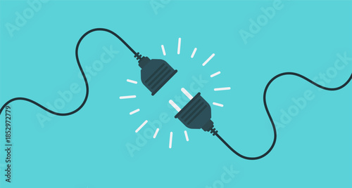Flat illustration of two electric power plugs connecting with glowing energy symbol on blue background.