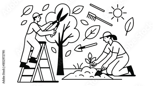 Two people are gardening and pruning a tree in the autumn season.