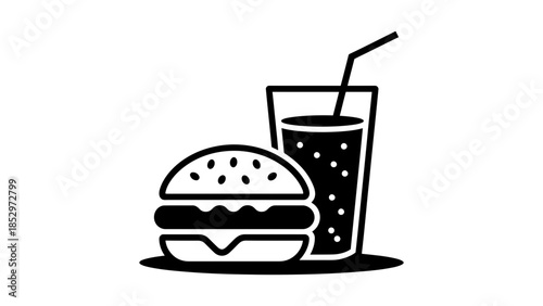A hamburger and a drink with a straw are depicted.