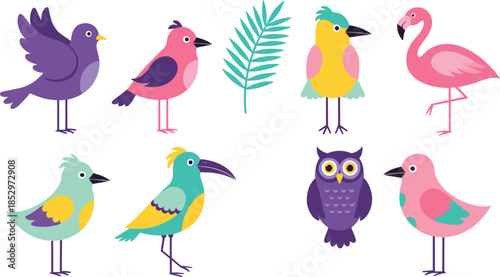 Cute colorful flat vector bird illustration set with flamingo owl tropical birds leaves and playful cartoon characters