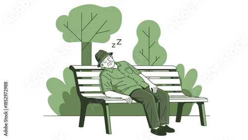 An elderly man wearing a hat sleeps peacefully on a park bench.