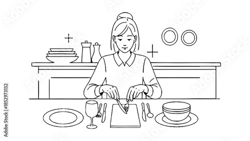 A person is setting a table with plates, cutlery, and a glass.