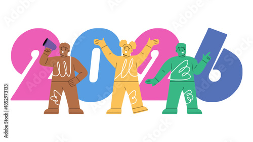 Three stylized figures celebrate the year 2026 with colorful numbers.