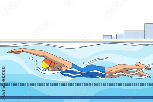 Swimmer in blue swimsuit and colorful cap doing freestyle stroke in pool with bubbles and water waves