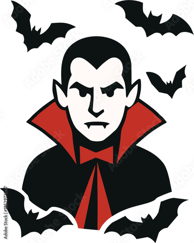 Dracula Vampire Character with Bats and Red Collar Cape - Halloween Vector Illustration