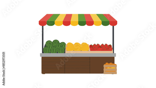 A fruit stand displays a variety of fresh produce under a striped awning.