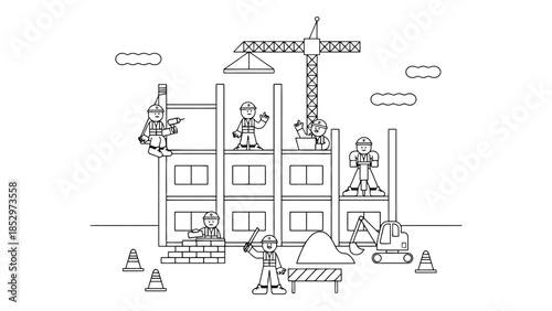 Construction workers build a new building with a crane and excavator.