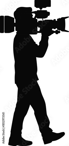 Professional cameraman silhouette walking while filming with shoulder mounted video camera isolated black vector illustration for broadcast media production concept