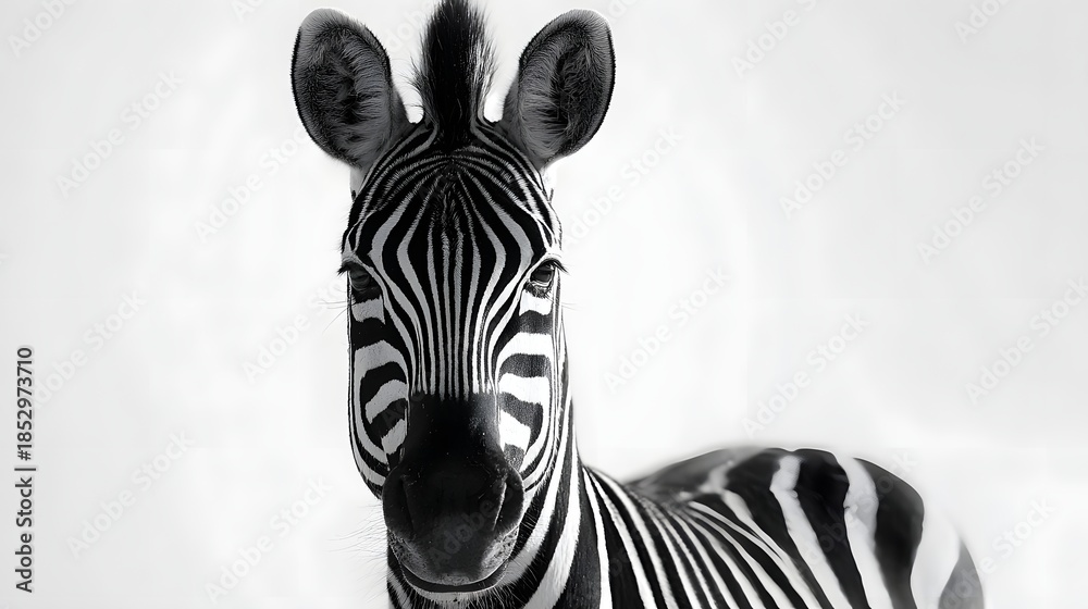 Obraz premium Striking Black and White Portrait of a Zebra, Capturing its Unique Striped Pattern.