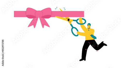 A person cuts a pink ribbon with scissors to open an event.