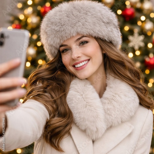 Smiling young woman wearing an elegant winter coat and fur hat taking a selfie with festive Christmas lights behind her.