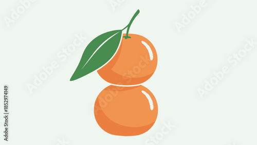 Two vibrant oranges with a green leaf, stacked on a light background, illustrating fresh citrus fruit.