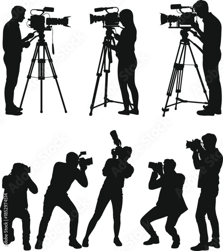 Professional photographer and videographer silhouettes using cameras and tripods for media production journalism broadcasting vector illustration set isolated on white