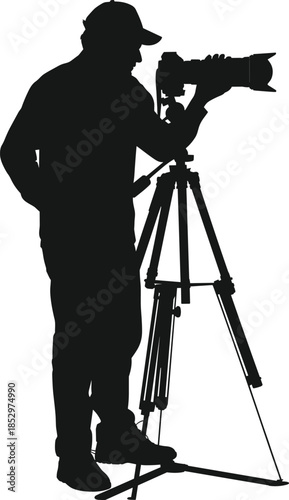 Professional photographer silhouette operating camera on tripod for studio photography videography media production isolated vector illustration design set white background