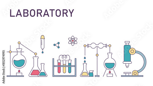 A laboratory scene with scientific equipment and glassware is depicted.