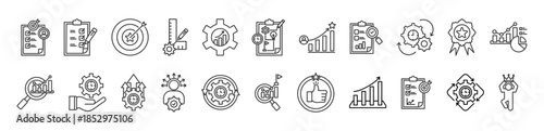 key performance indicator (kpi) icon set collection in outline style. Icon pack contain KPI, Objective, Accountability ,target,  measurement, optimization, strategy, performance