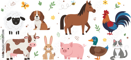 Cute farm animals vector illustration set with cow pig horse sheep duck rooster and cartoon characters