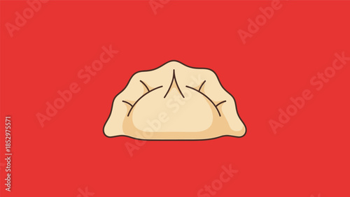 Illustration of a single delicious dumpling on a vibrant red background, perfect for food-related designs.
