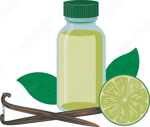 Natural essential oil bottle with fresh lime slices and aromatic vanilla beans illustration, herbal wellness concept, aromatherapy, organic ingredients, spa, and home care design.