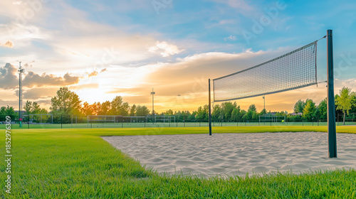 Peaceful volleyball court in a park at sunset with vibrant skies.